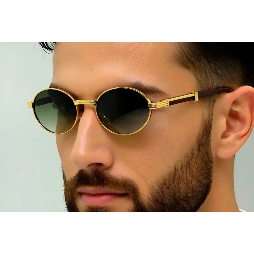 Mens Gold Round Sunglasses‎ Green Gradient Lenses Wood Accents UV400 Protection
